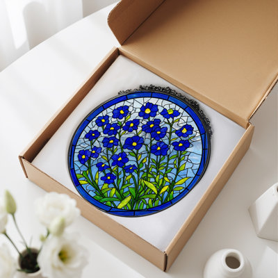 12"H Blue Flowers Stained Glass Window Panel