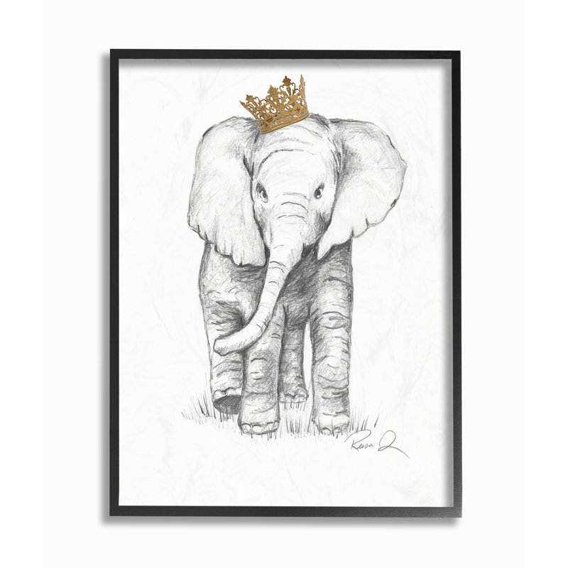«Elephant Royalty Graphite Dessin», reproduction de dessin, H 14 po x l 11 po x P 1,5 po, Giclée encadrée noir minuit