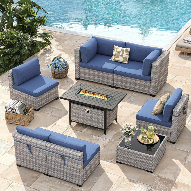 6-Piece Rattan Outdoor Conversation Set with Cushions and Glass Coffee Table & Optional Fire Pittable, Navy
