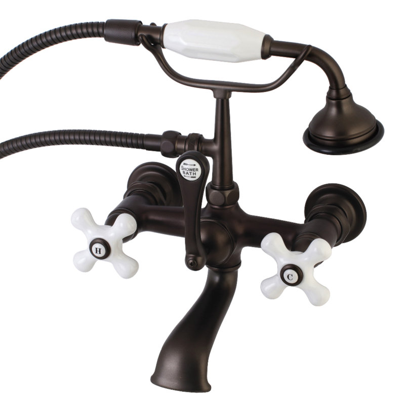 Kingston Brass Aqua Vintage Three-Handle 2-Hole Tub Wall Mount Clawfoot Tub Faucet with Hand Shower, Oil Rubbed Bronze