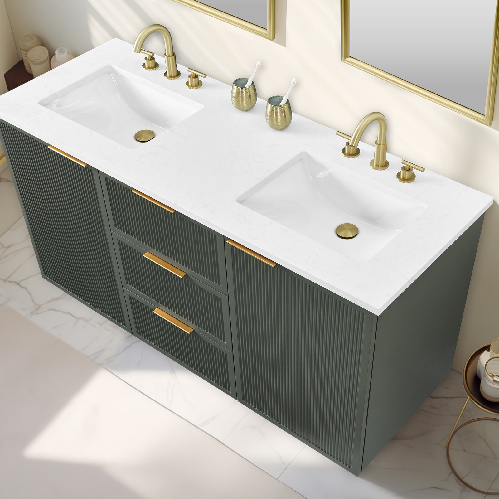 Aderyn 60" Pine Double Bathroom Vanity, Vintage Green/Brushed Bronze