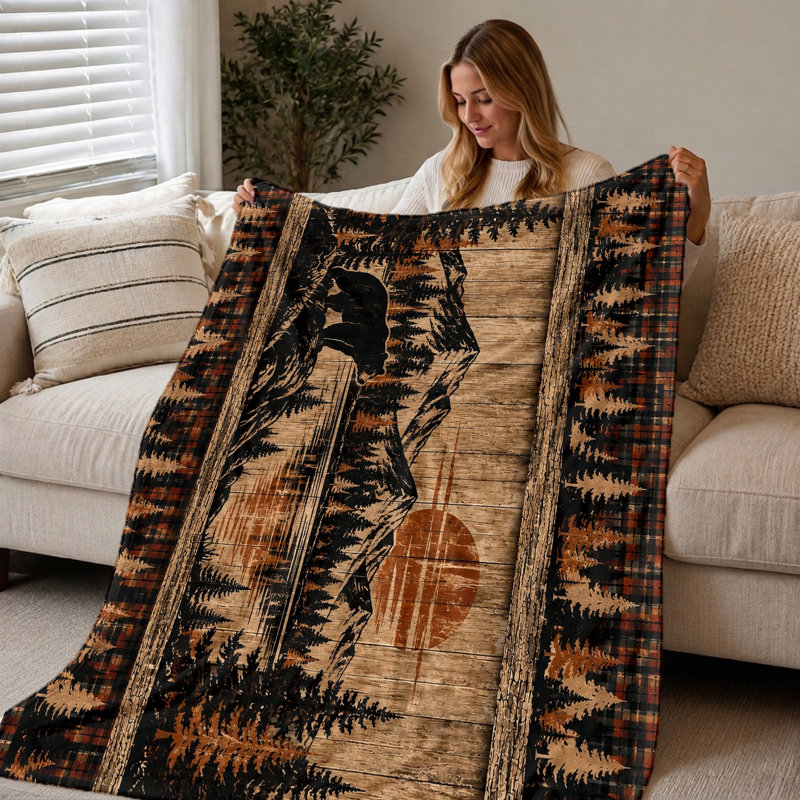 Couverture polaire imprimée Ours, Montagne et Lac (1 pièce) – Une face ; Douce, chaude et confortable ; Lavable à la machine ; Parfait pour la décoration intérieure, le divan, le lit, le camping ; Parfait pour les chambres d'ados ; Une idée cadeau originale.