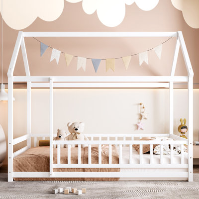Twin Size Floor Wooden Bed With House Roof Frame by Harriet Bee