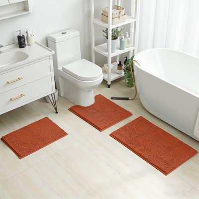  Ensemble de 3 tapis de salle de bain, tapis de bain en chenille ultra doux et antidérapant (orange brûlé)