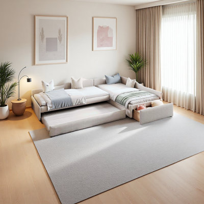 Lit de jour double rembourré avec couchette et tiroir, beige