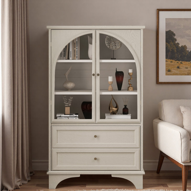 Glass Door Display Case Storage Cabinet With 2 Drawers And Adjustable Shelves, Vintage White