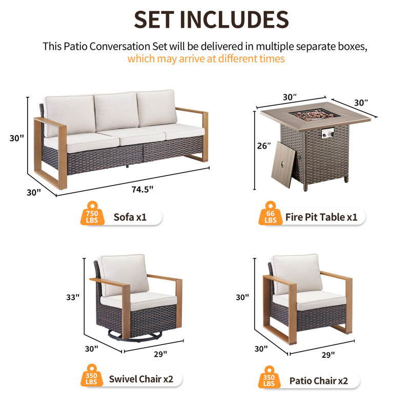 Ensemble de conversation d'extérieur 6 pièces avec fauteuils pivotants et table de foyer carrée en osier pour 7 personnes avec fauteuils Palomares