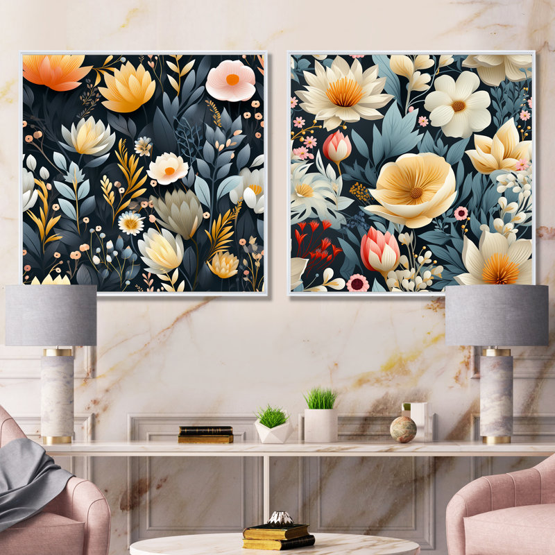 Chaudière - ensemble de 2 reproductions d'art sur toile florales, Cadre blanc, H 16 po x l 33 po x P 1 po