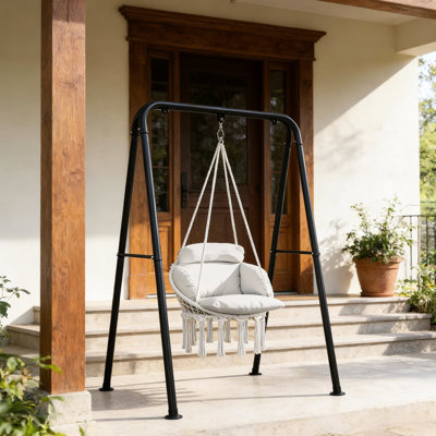 Chaise suspendue, balançoire avec sensation de nuage et rembourrage doux, tissu de coton de 320 g / m², structure en acier pour, conception à franges, confort intérieur et extérieur d'une capacité de 265 lb, coton, acier tissé serré, accents, charge,