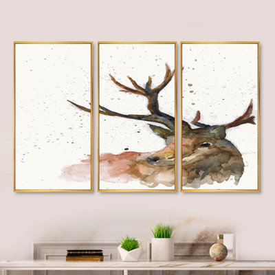 Cerf sur fond blanc peint à la main - ensemble de 3 reproductions d'art sur toile encadrées