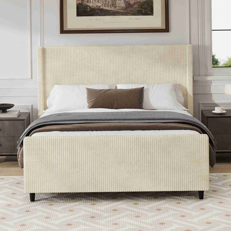 Base de lit tapissier en velours côtelé de 50,7 po de hauteur avec dossier à oreilles à rayures verticales et pied de lit haut, aucun sommier nécessaire, très grand, crème