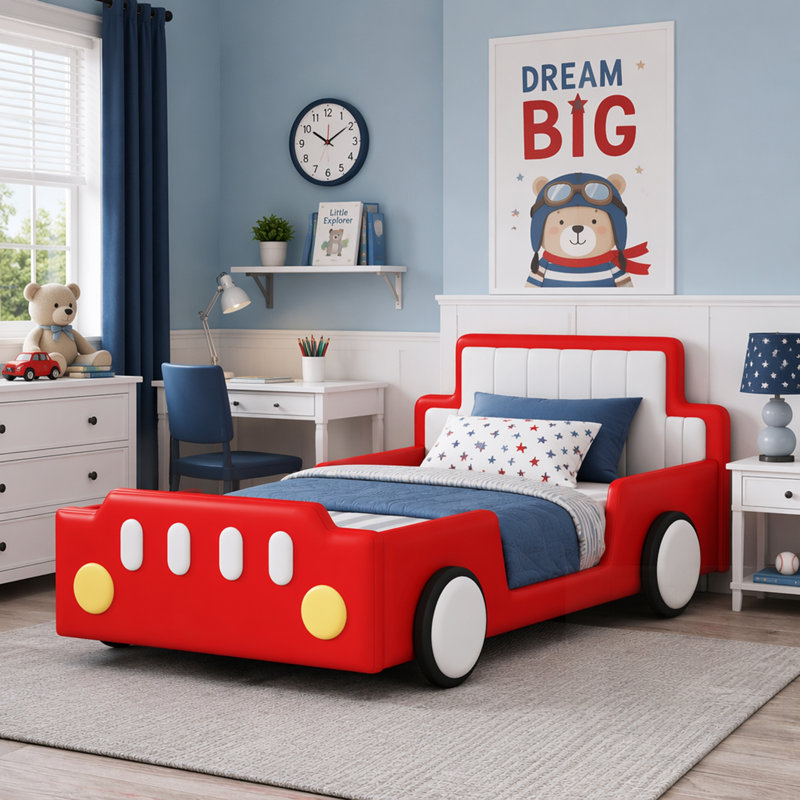 Lit plateforme en forme de voiture de course avec roues, durable et élégant pour les chambres d'enfants