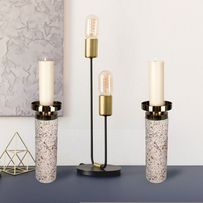 Splattered Cement Candlesticks with Gold Sconce, 10" H x 3" W x 3" D, Pink/Gold