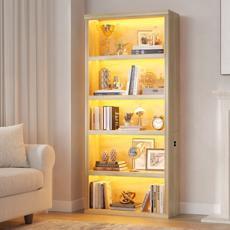 Bibliothèque de 71 pouces de hauteur avec 3 capteurs de couleurs, 5 tablettes de rangement ouvertes, Naturel