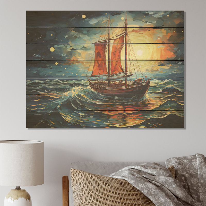 «Moonlight Saiboat Horizon II» - Bateau à voile sur bois, H 34 po x l 44 po