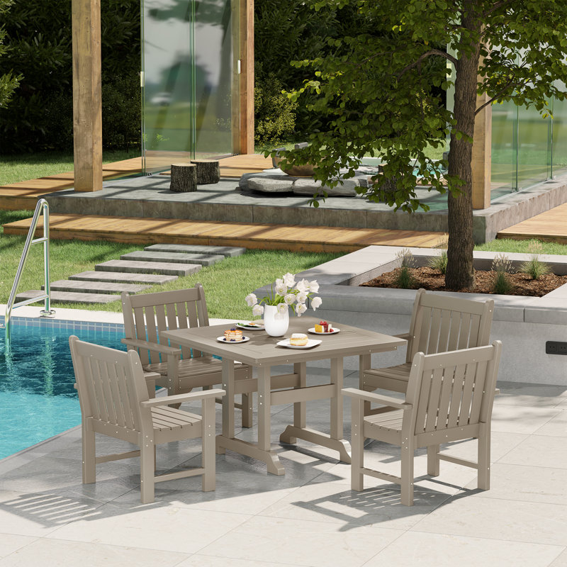 Laguna Poly 5-Piece Square Table Garden Arm Chair Dining Set, Tan