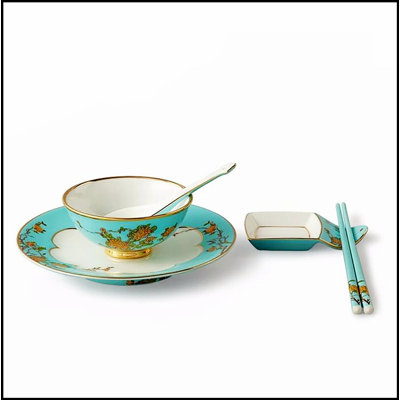 Service de table chinois 6 pièces Auratic, bleu lac et pivoine, vaisselle en céramique élégante et durable pour les occasions spéciales