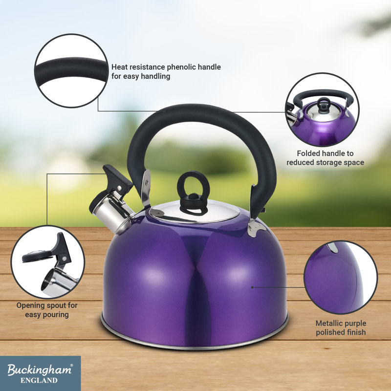 Buckingham Stainless Steel Whistling Camping Kettle Metallic Purple 2.5 Litres
