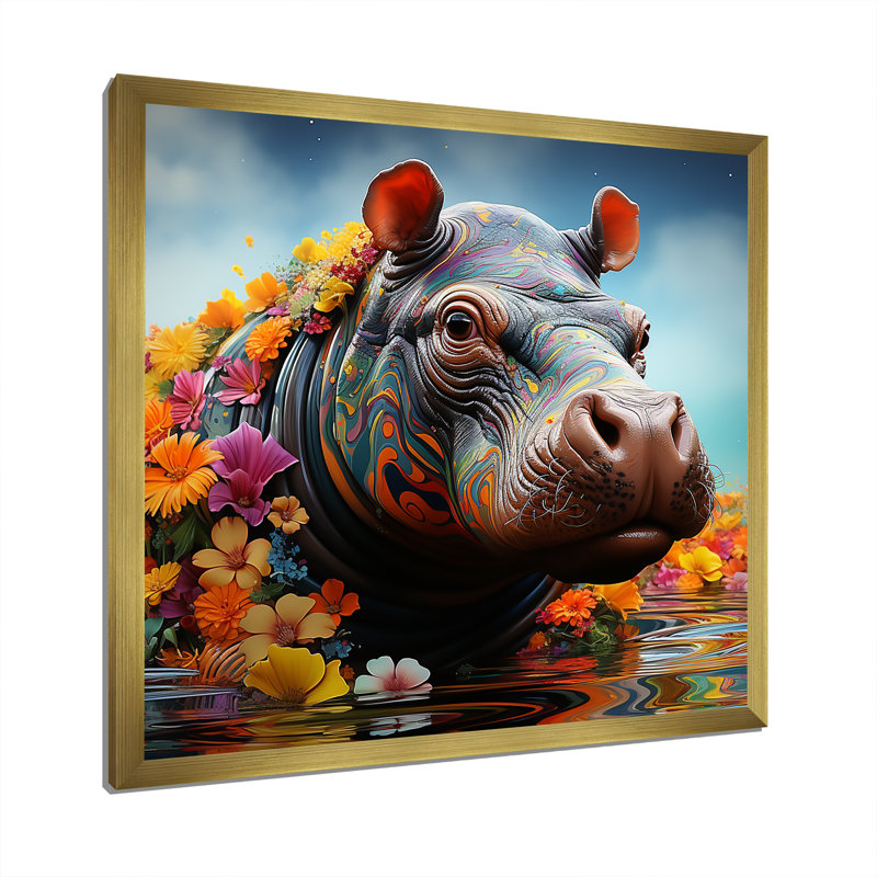 Art floral hippopotame mystique 1 - Hippopotame, Encadrement doré, H 16 po x l 16 po x P 1 po