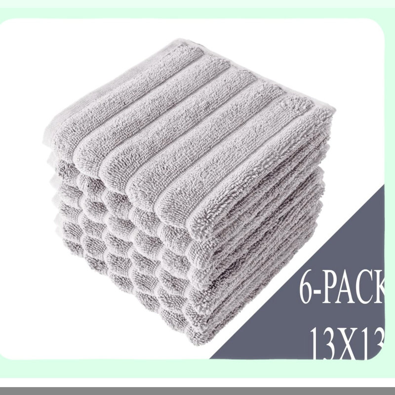 Platinum Ribbed Jacquard Quick-Dry Washcloths - 6-Piece Luxury Set, 13x13 Inches, Soft & Absorbent