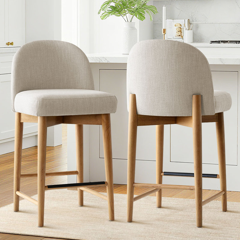 Tabourets de comptoir rembourrés en mélange de lin avec pieds en bois massif, Beige
