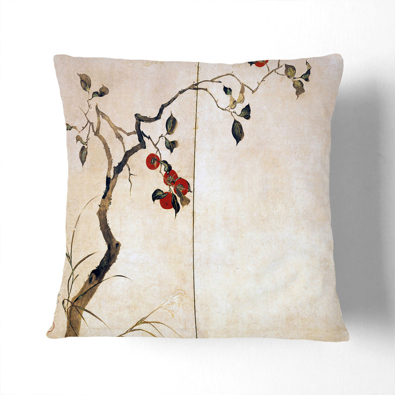 Persimmon Tree by Sakai Hoitsu Cushion with Filling, 40cm H x 40cm W x 15cm D, Stone
