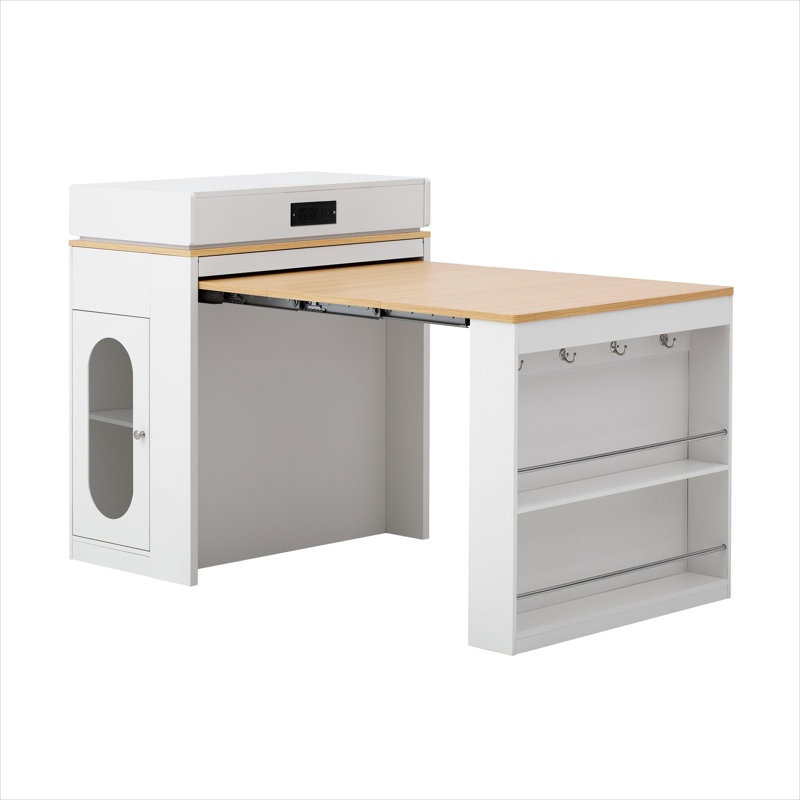 Floating Rectangle Extendable Dining Table with Folding Top and Power Outlet, White Finish