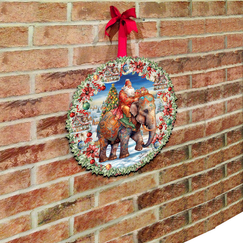 Crochet de porte en bois Borendy Santa on Elephant Wreath
