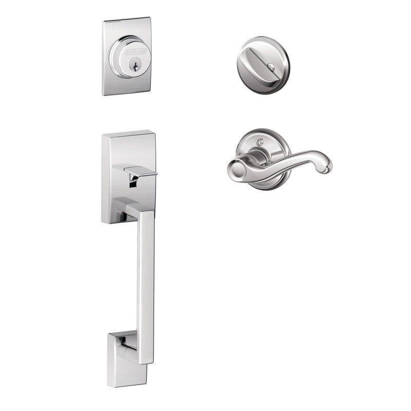Century Handleset with Deadbolt and Flair Door Lever and Rosette, Left Hand, Bright Chrome
