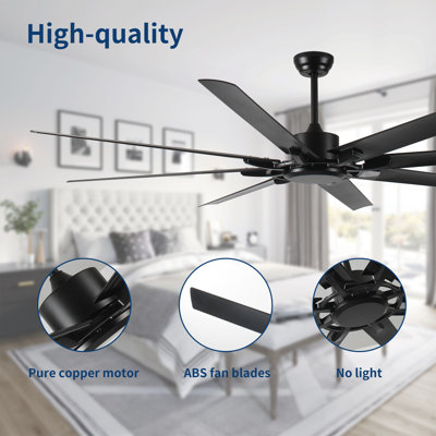 Ventilateur de plafond industriel 72/75 pouces sans lumière, 8 pales réversibles, moteur CC réversible silencieux, télécommande à 6 vitesses avec minuterie, 3 tiges incluses pour un usage domestique et commercial (porche / garage / magasin / chambre / cuisine)