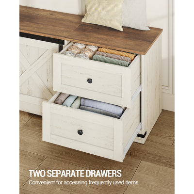 Coffre de rangement, très grand banc de rangement de 58 po avec tiroirs doubles, banc de style campagnard en bois avec porte de grange, grand coffre pour le salon, la chambre à coucher ou le vestibule, blanc antique