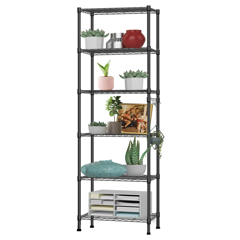 Augustine 6-Shelf Adjustable Storage Shelving Unit Steel Organizer Wire Rack with Hooks, Leveling Feet, Black