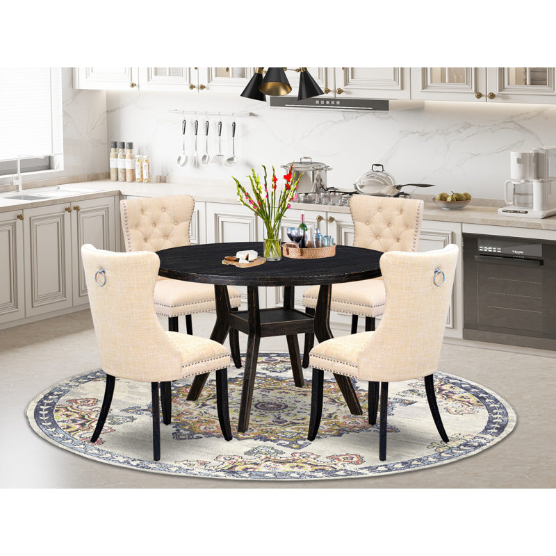 L'ensemble de salle à manger 5 pièces contient une table et 4 chaises en tissu de polyester beige clair avec dossier capitonné - Noir sablé