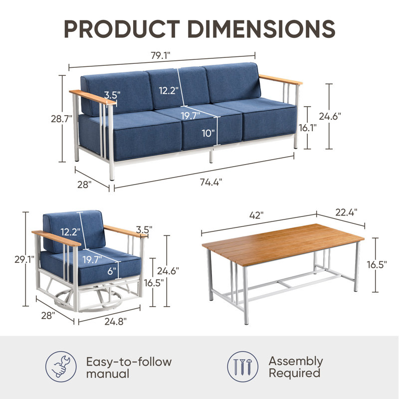 Ensemble de conversation avec table basse Coan, Blue Cushion/White Frame
