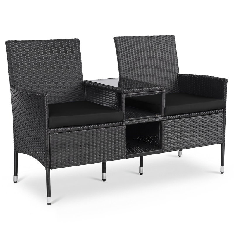 Banc 2 places en osier de patio avec table d'appoint en verre intégrée et 2 tablettes de rangement, Black