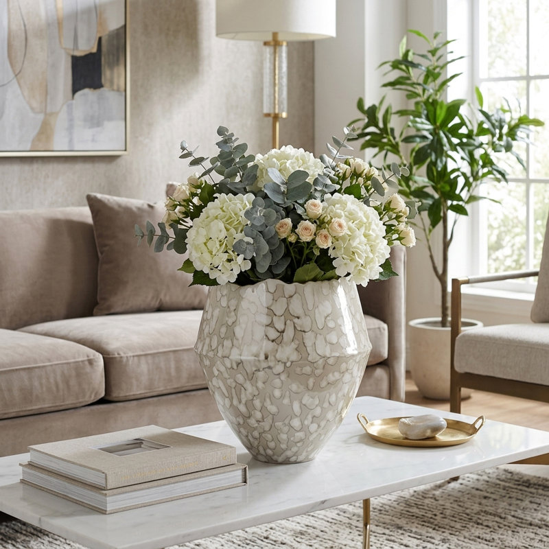 Decorative Porcelain Flower Vase with Patterned Design for Home Decor - Sculptural Tall Vase Accent for Living Room Styling - Ivory & Gray