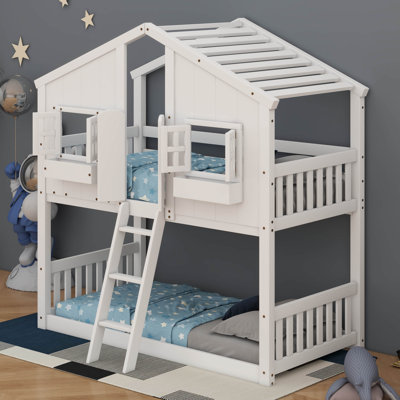 Twin Over Twin House-Shape Bunk Bed – Roof, Window, Window Box, Door, Safety Guardrails & Ladder