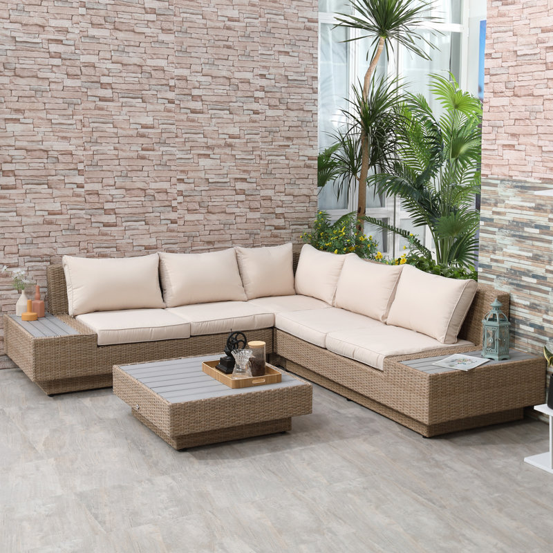 Vidur 4 Pieces Rattan Garden Furniture Set Corner Sofa, Beige