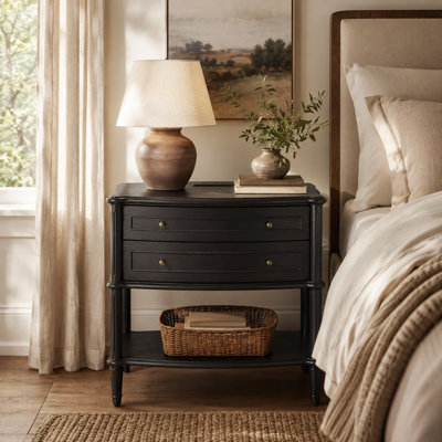 Traditional Black 2-Drawer Nightstand with Charging Station, Ash Wood Veneer & Open Shelf