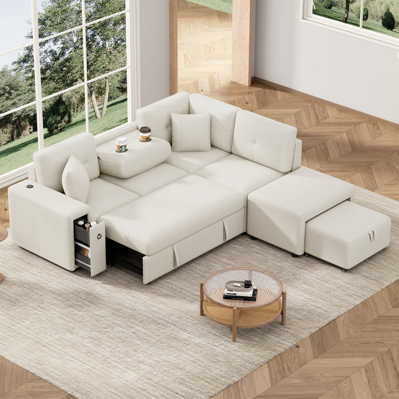 Canapé modulaire rembourré 4 pièces avec repose-pieds, Chenille beige
