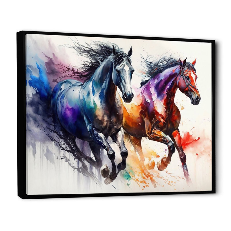 Horses Running II - Horse Wall Art, 24" H x 32" W x 1" D, Black Floater Framed