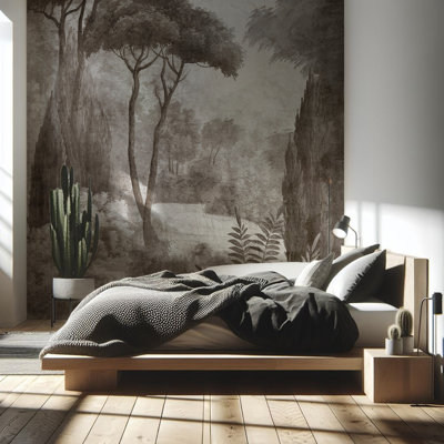 Papier peint mural paysage de forêt brumeuse sépia | Papier peint vintage avec motif de pins parasols | Intissé ou autocollant