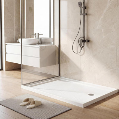 48x32 Inch Right-Hand Drain Shower Pan – Single Threshold Base with Textured Grip, White