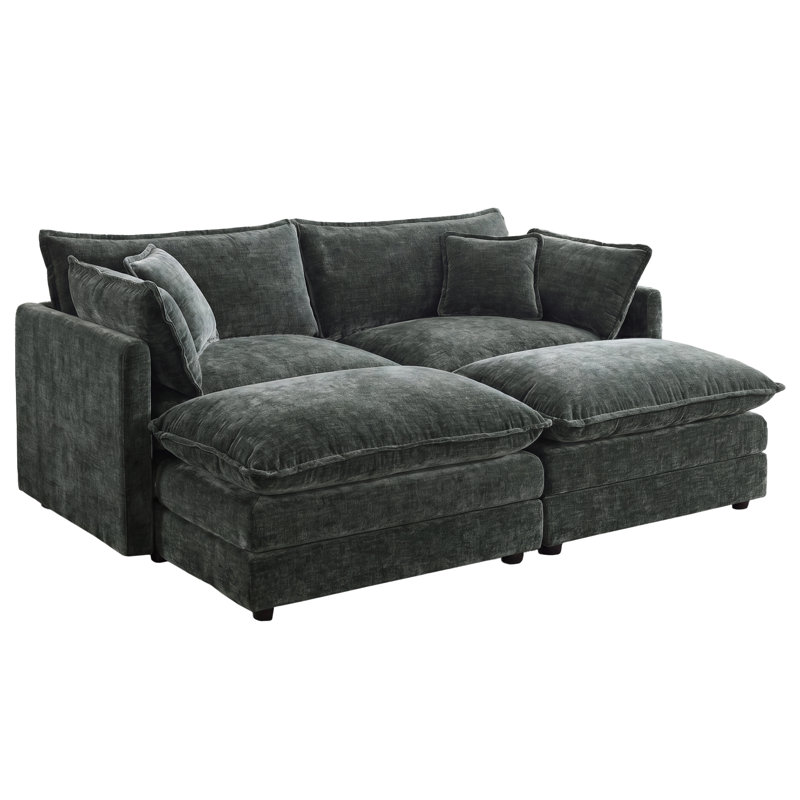 Ensemble de canapé modulaire en chenille 4 pièces avec causeuse 2 places et 2 repose-pieds, Gris