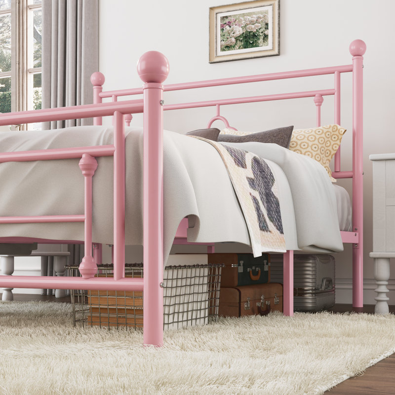 Pink Queen Metal Platform Bed Frame with Vintage Headboard and Footboard