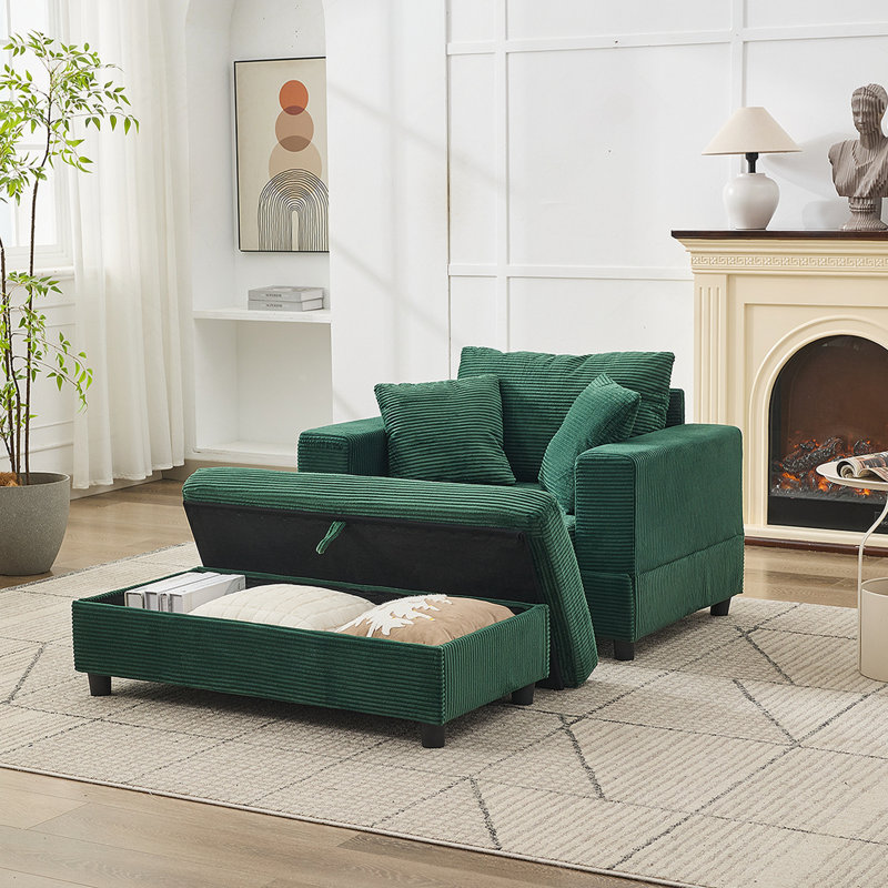 42" Corduroy Armchair With Ottoman For Living Room, Green