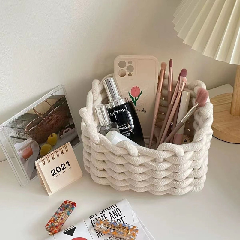 Petit panier de rangement en corde de coton, Blanc