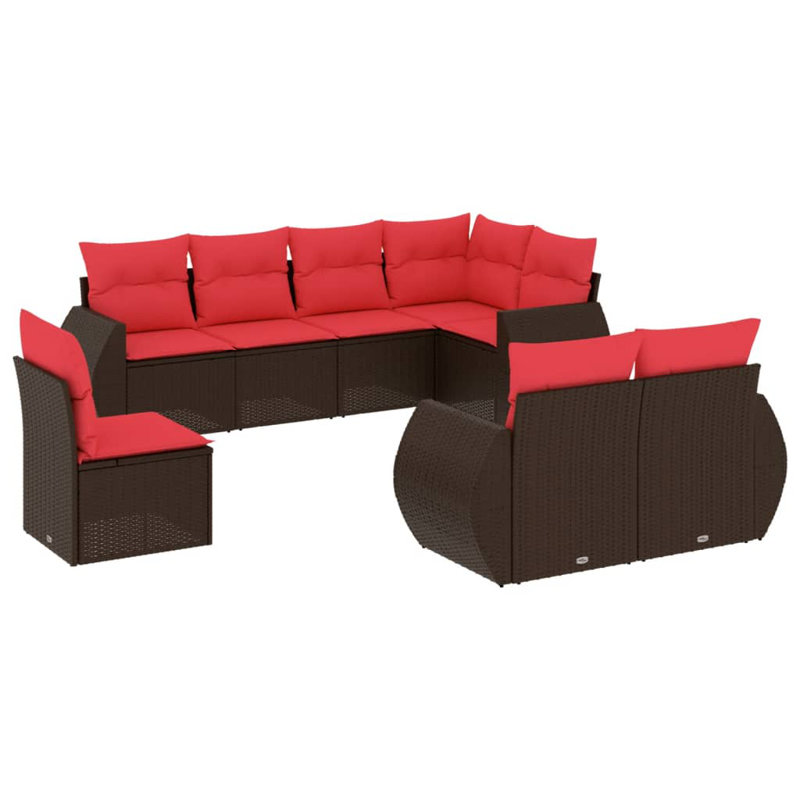  Ensemble de canapé de patio 8 pièces avec coussins en rotin de polyester brun, Rouge, Brun