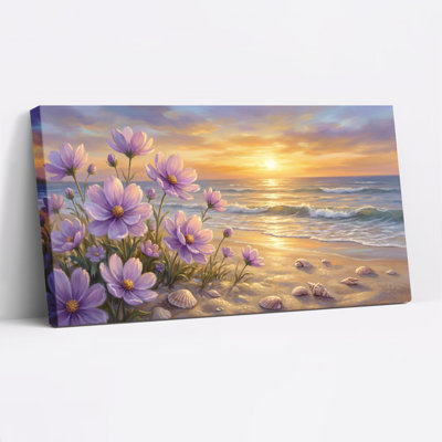 Purple Flowers Beach Sunset Oil Painting Print Canvas Wrapped Wall Art