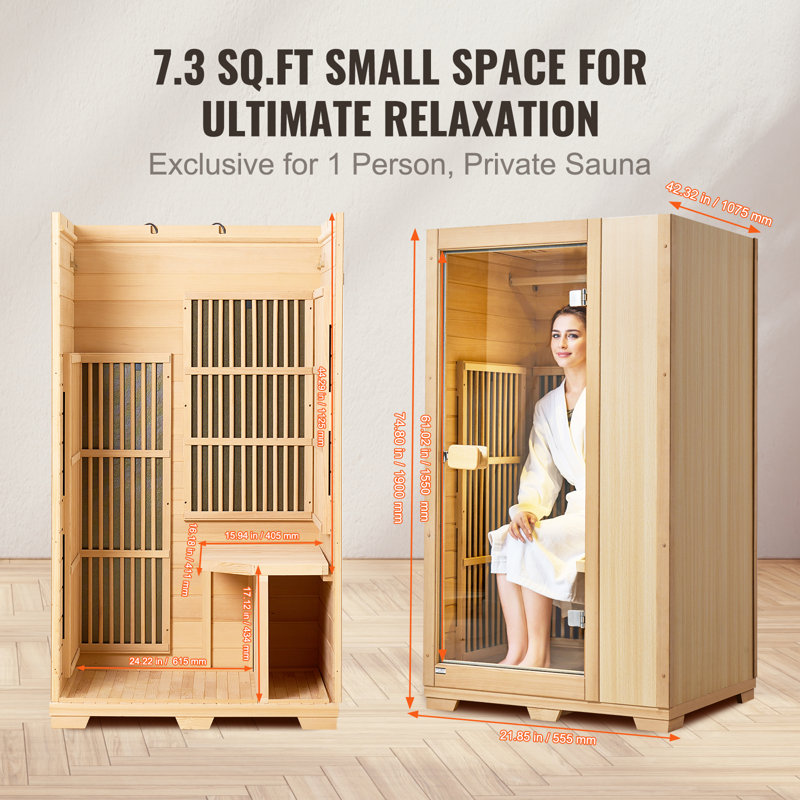 Compact Hemlock Wood Infrared Sauna with Glass Door